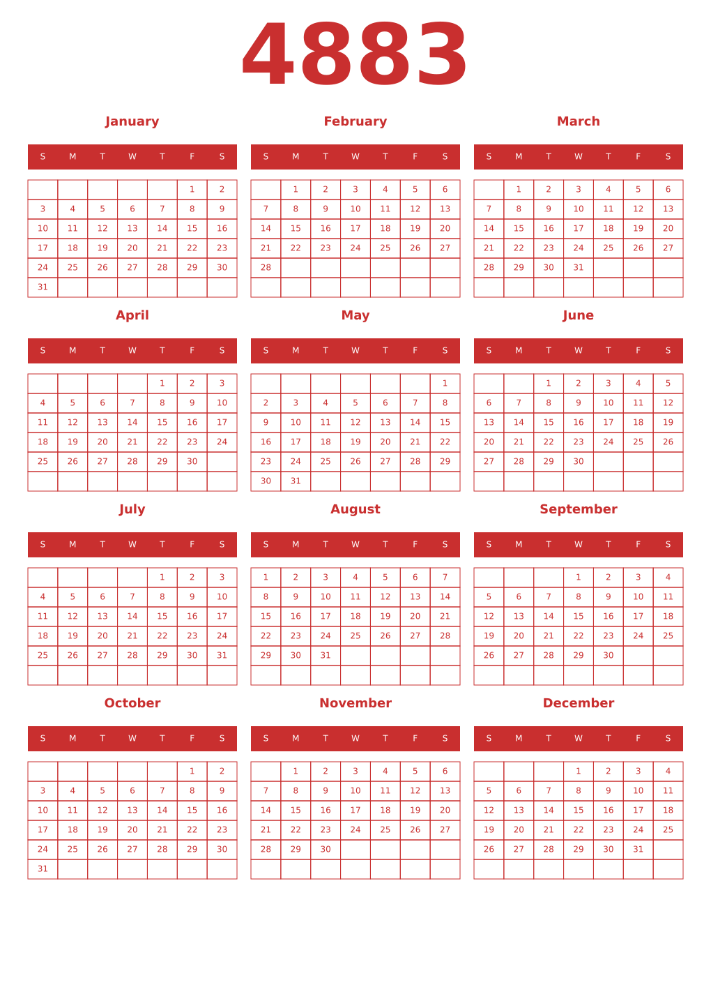 Printable 4883 Year Calendars red