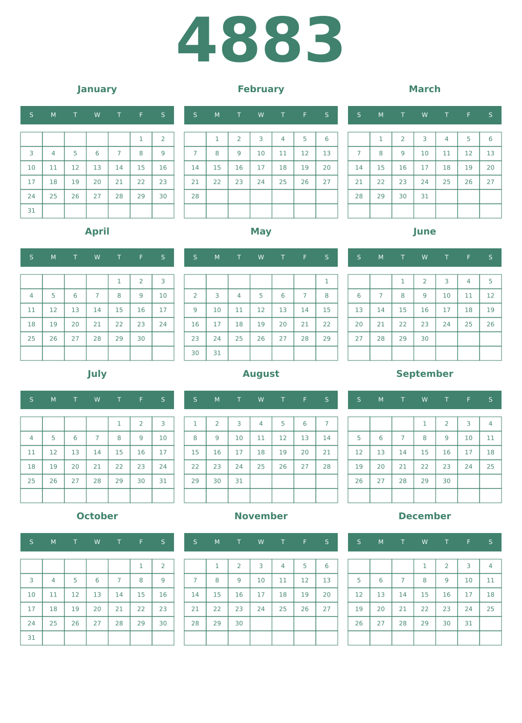 Printable 4883 Year Calendars viridian