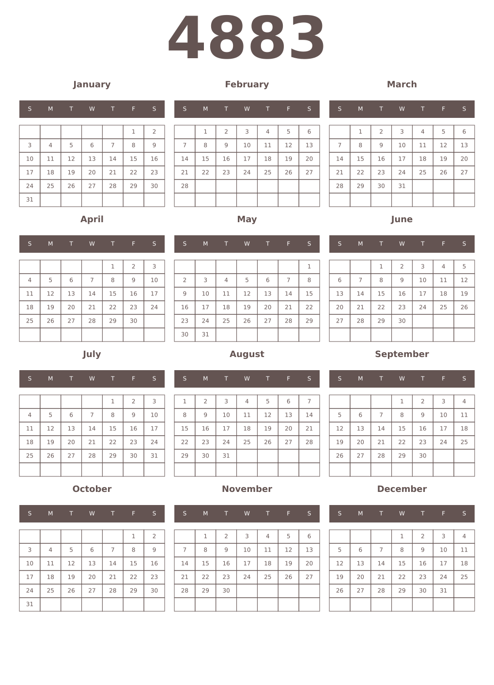 Printable 4883 Year Calendars wenge