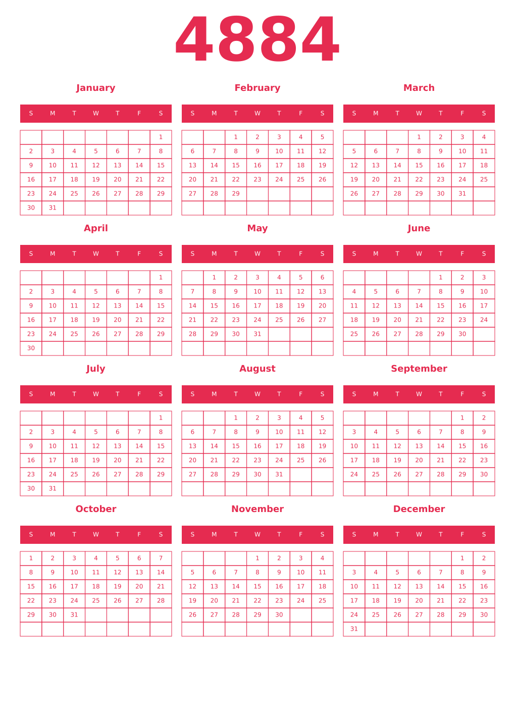 Printable 4884 Year Calendars amaranth