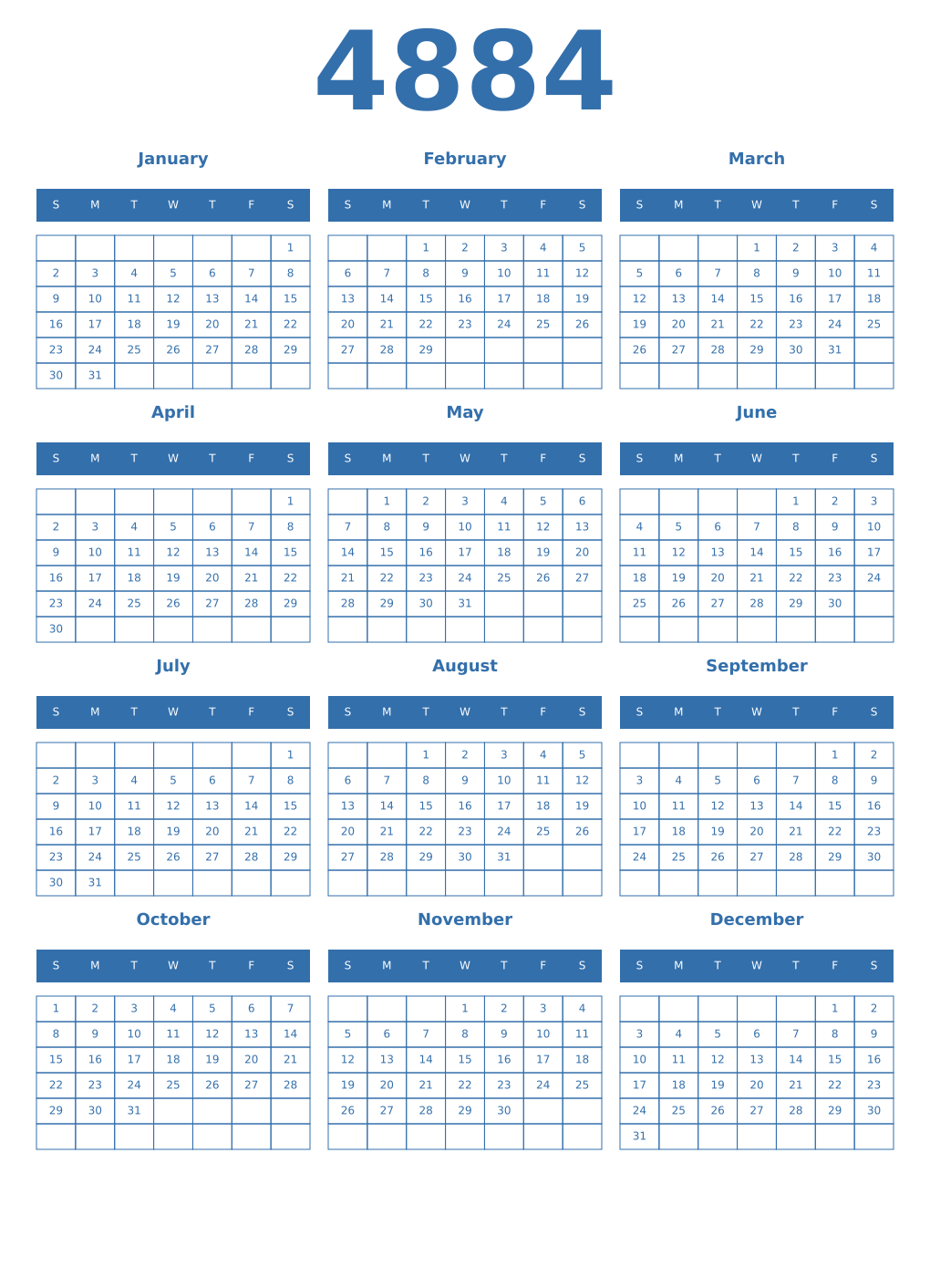 Printable 4884 Year Calendars blue