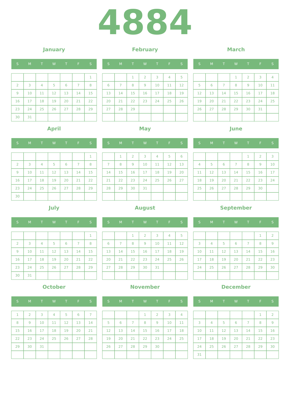 Printable 4884 Year Calendars celadon