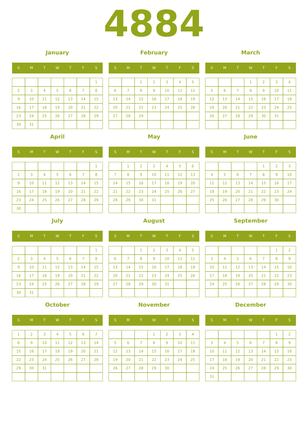 Printable 4884 Year Calendars chartreuse