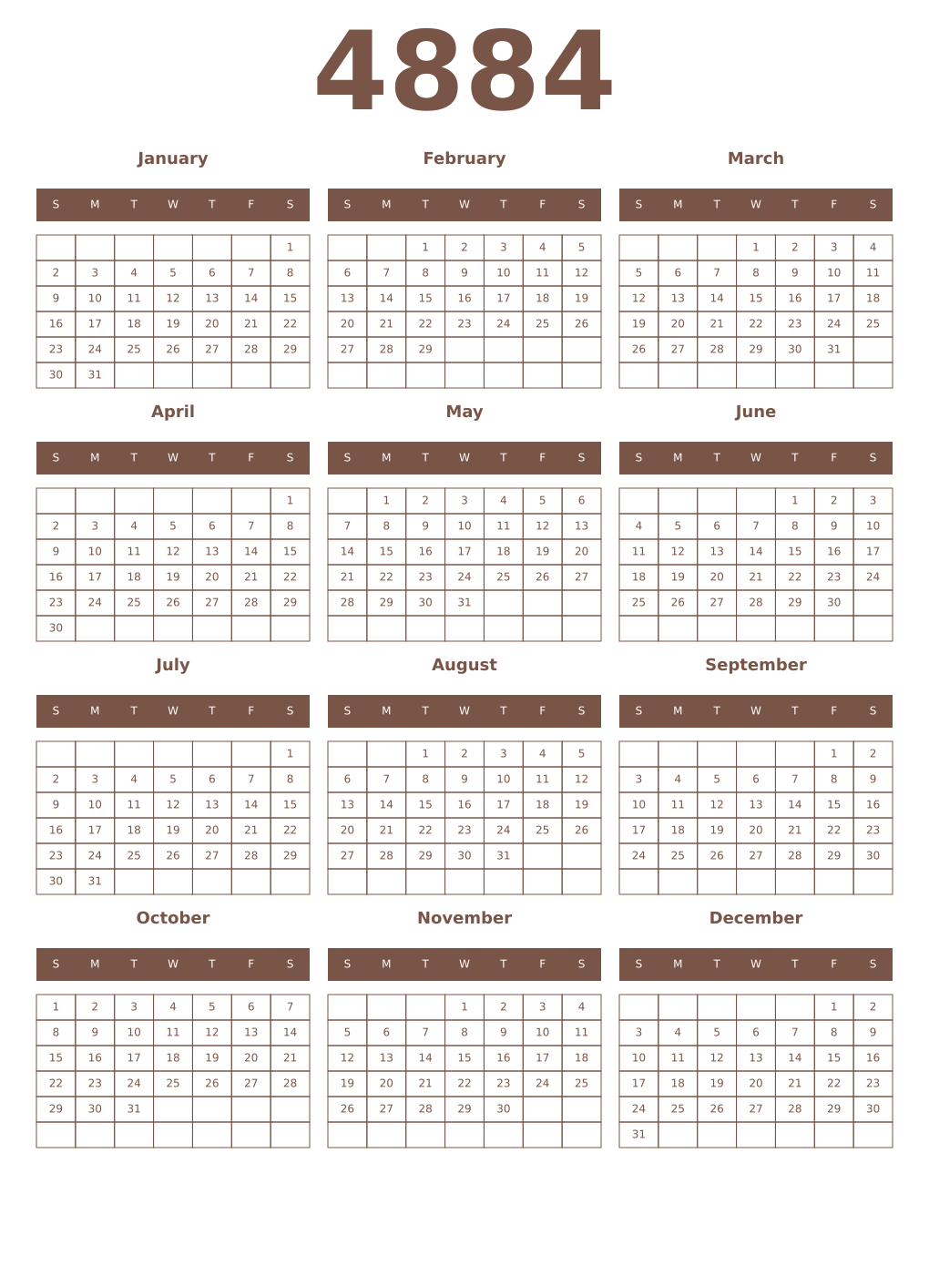 Printable 4884 Year Calendars coffe