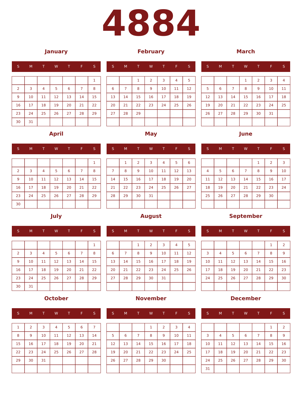 Printable 4884 Year Calendars falu