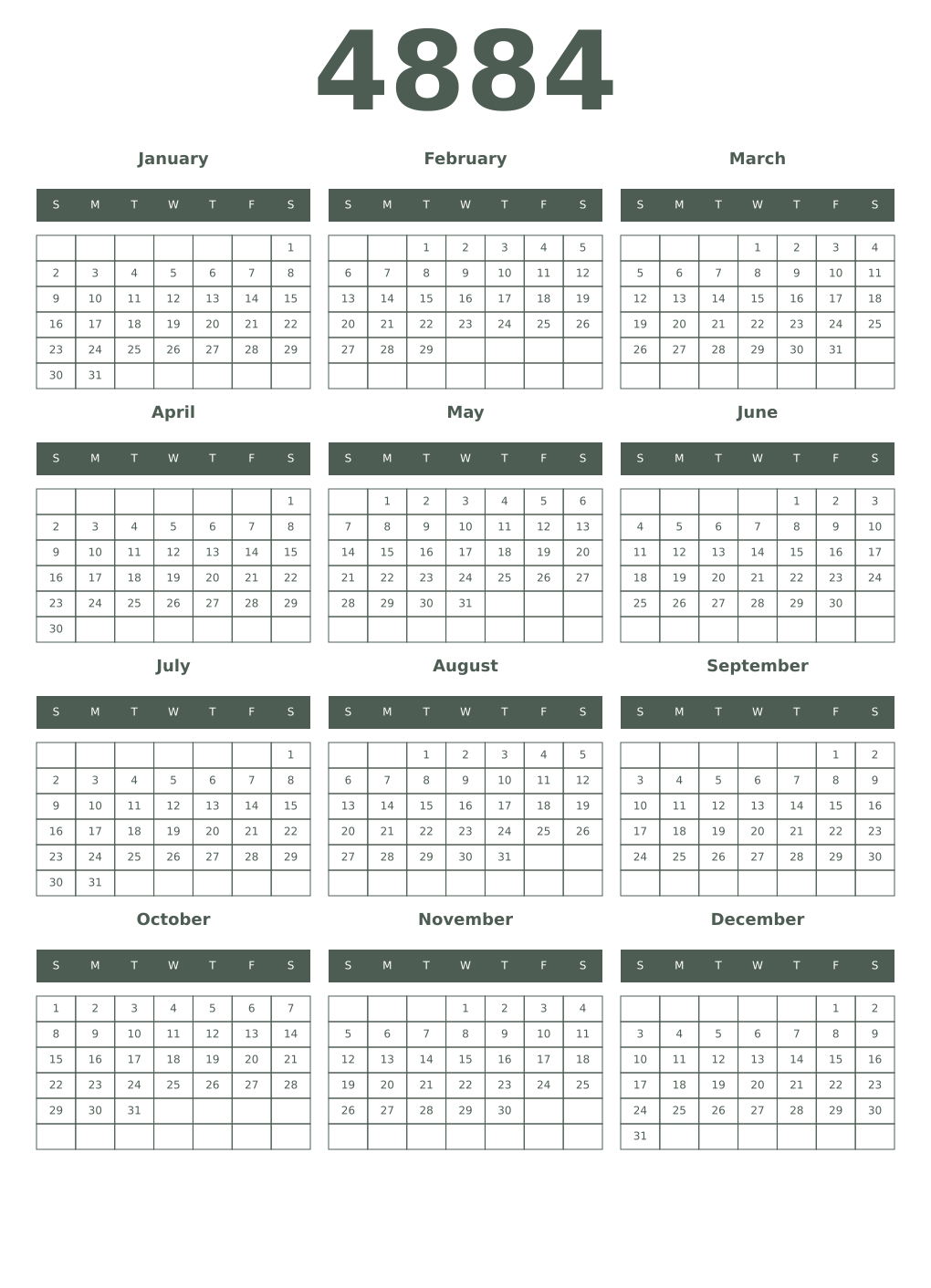 Printable 4884 Year Calendars feldgrau