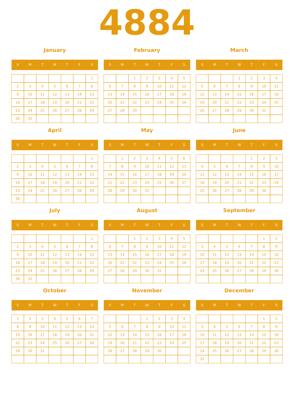 Printable 4884 Year Calendars gamboge