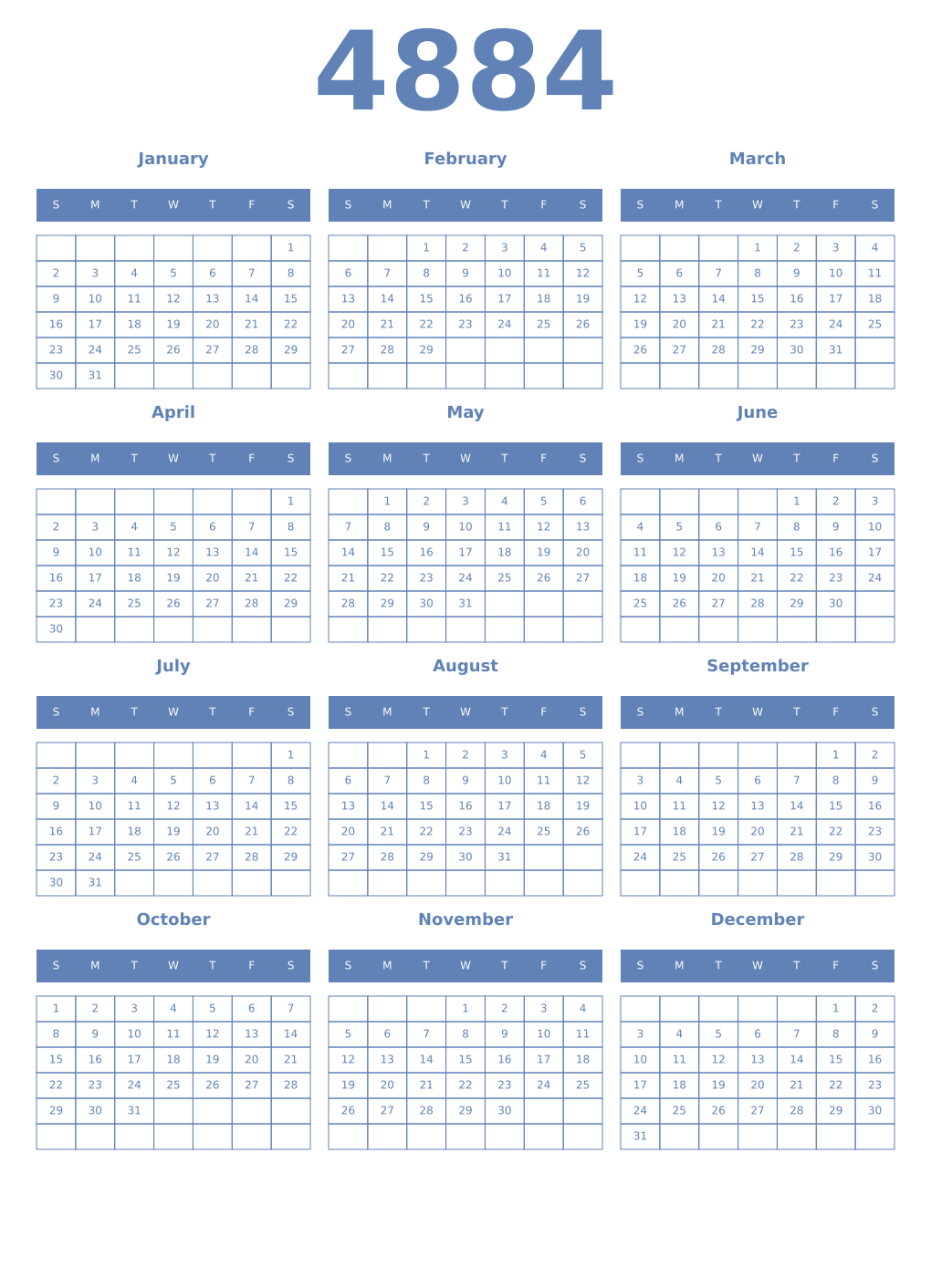 Printable 4884 Year Calendars glaucous
