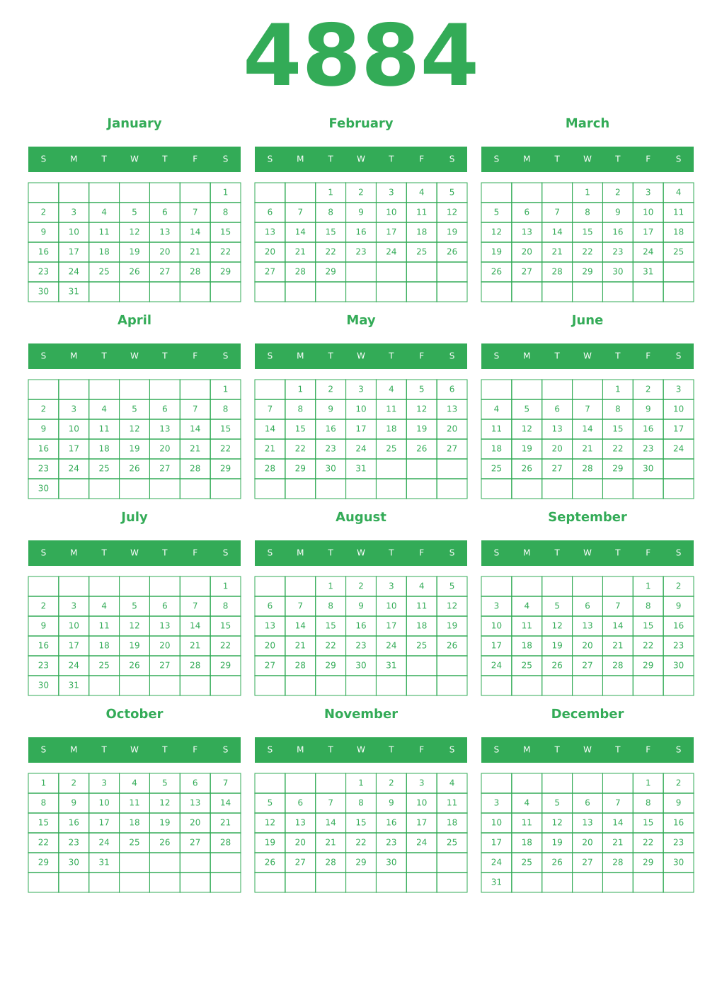 Printable 4884 Year Calendars green