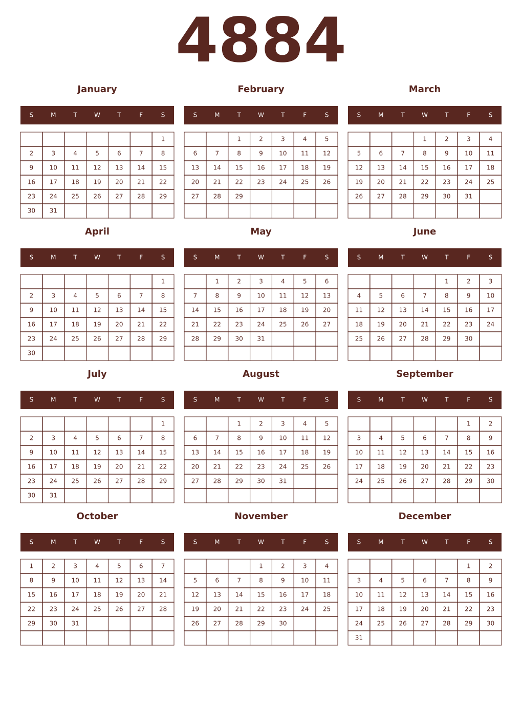 Printable 4884 Year Calendars mortuum