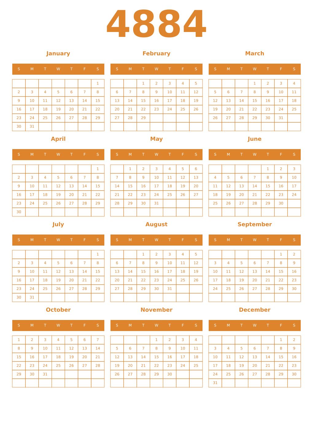 Printable 4884 Year Calendars orange