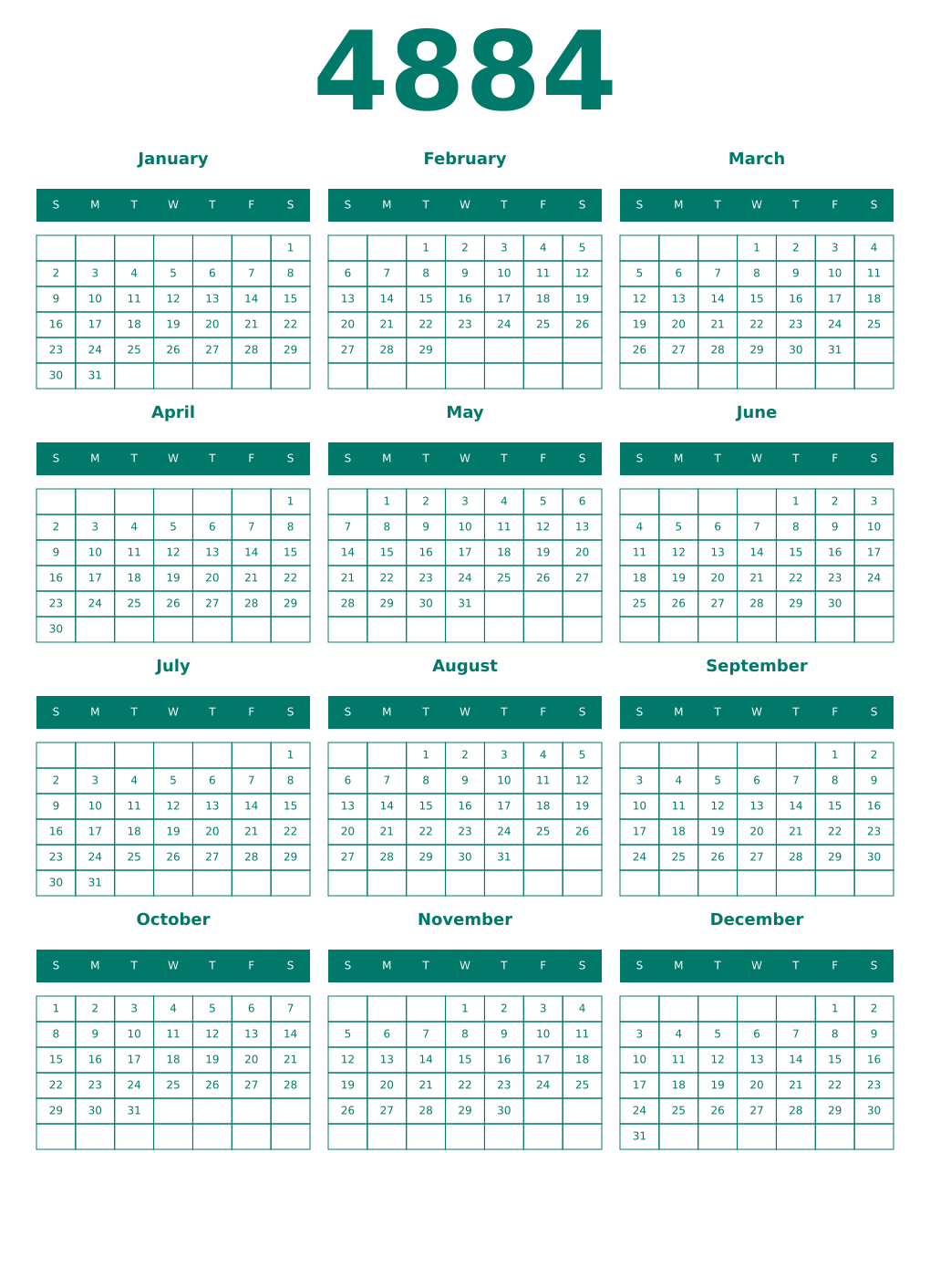 Printable 4884 Year Calendars pastel