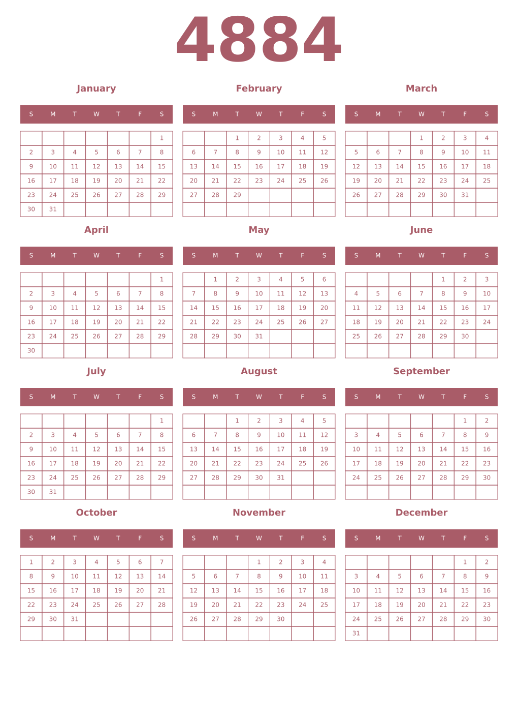 Printable 4884 Year Calendars puce