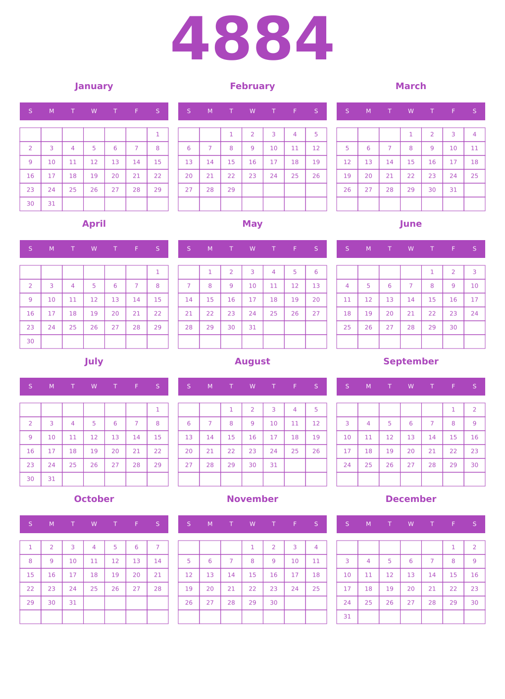 Printable 4884 Year Calendars purple