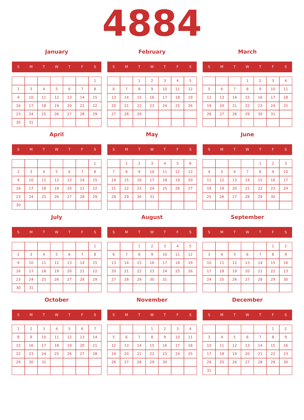 Printable 4884 Year Calendars red