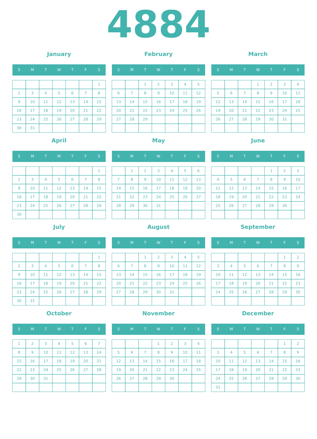 Printable 4884 Year Calendars verdigris