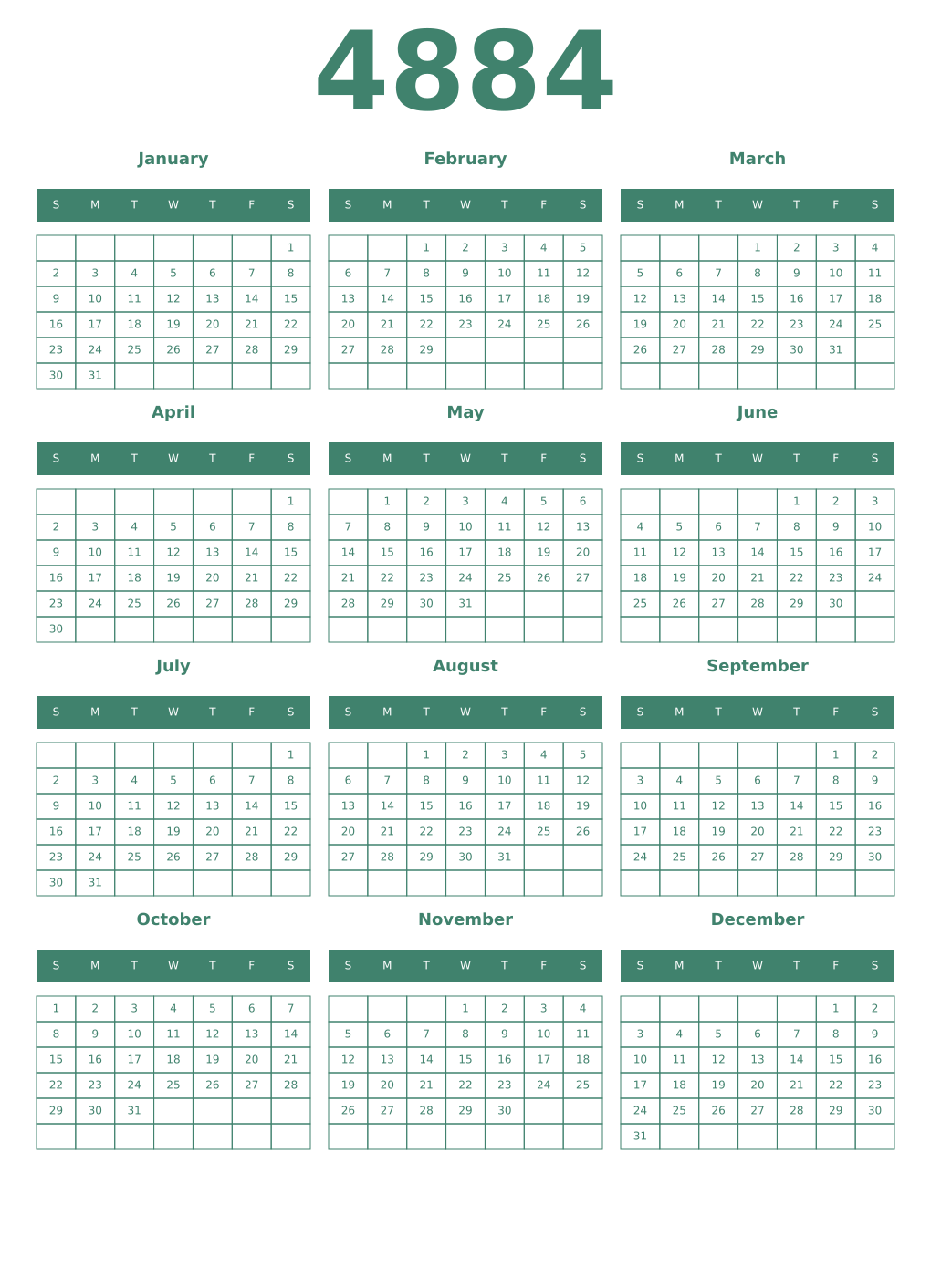 Printable 4884 Year Calendars viridian