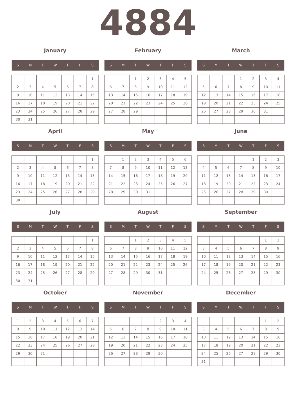 Printable 4884 Year Calendars wenge