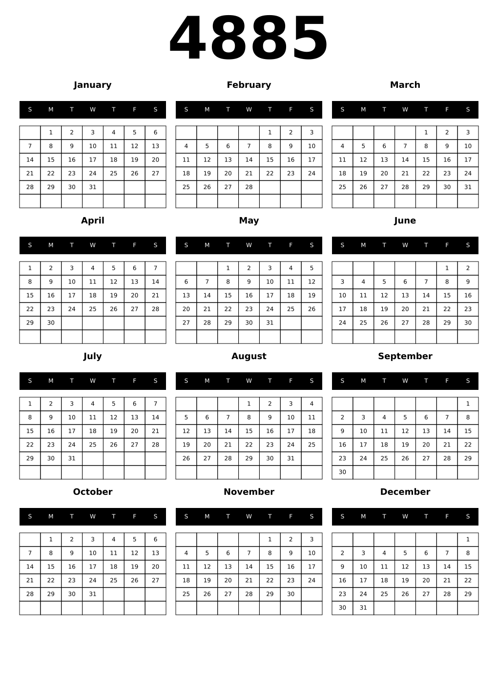 Printable 4885 Year Calendars black