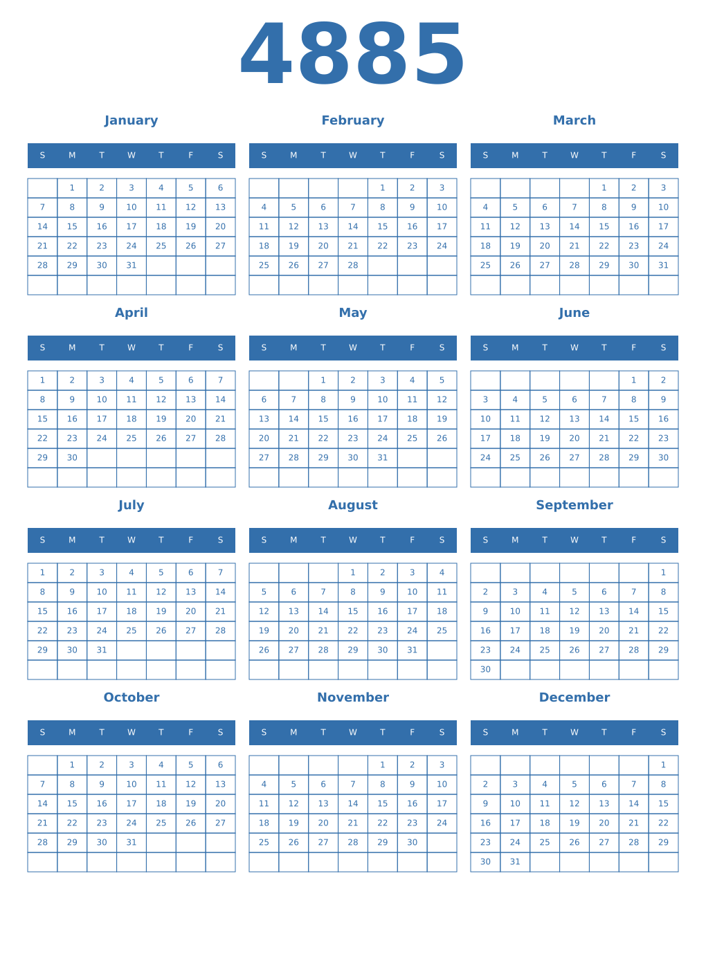 Printable 4885 Year Calendars blue