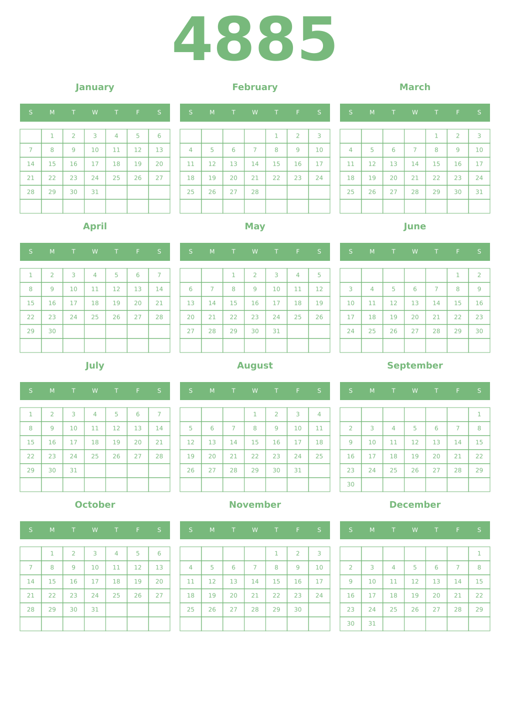 Printable 4885 Year Calendars celadon