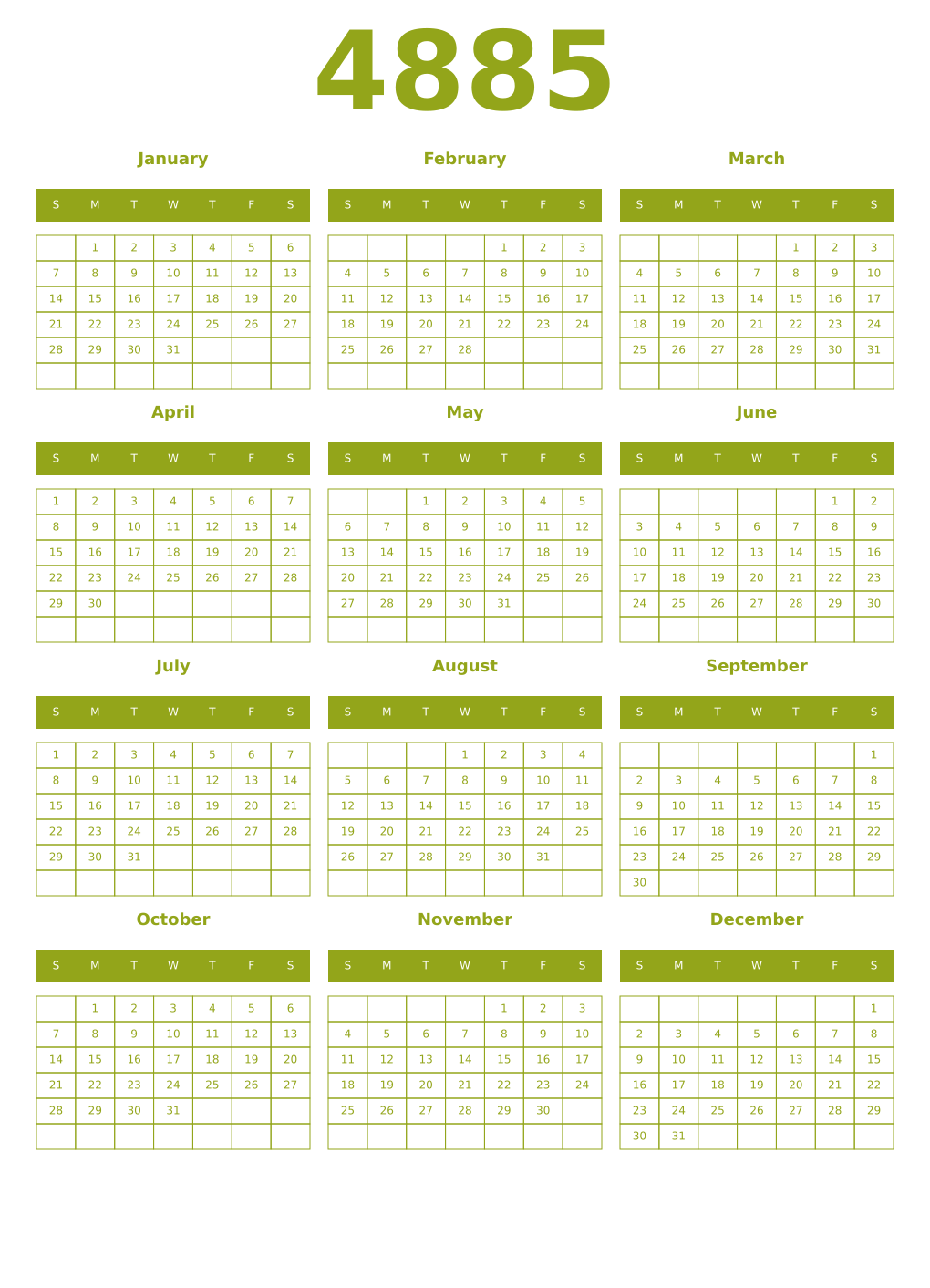 Printable 4885 Year Calendars chartreuse