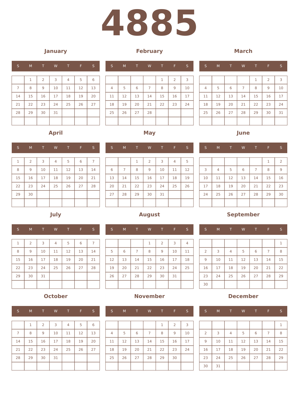 Printable 4885 Year Calendars coffe