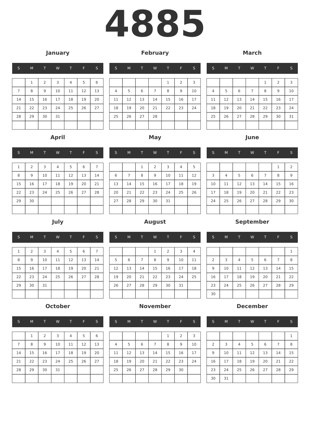 Printable 4885 Year Calendars dark