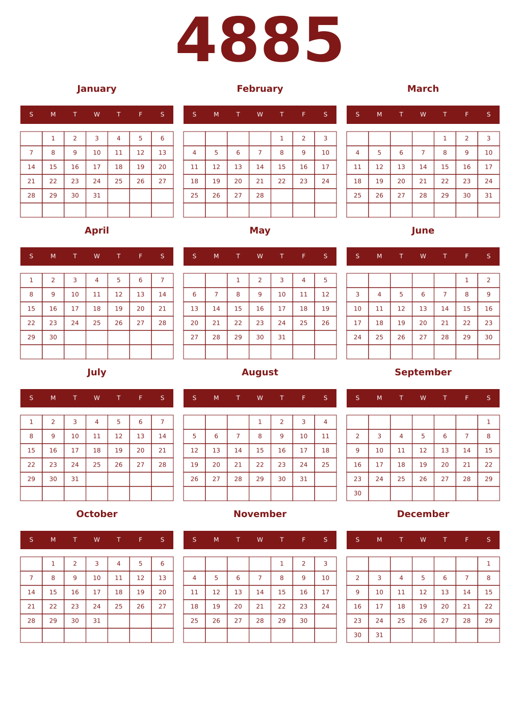 Printable 4885 Year Calendars falu