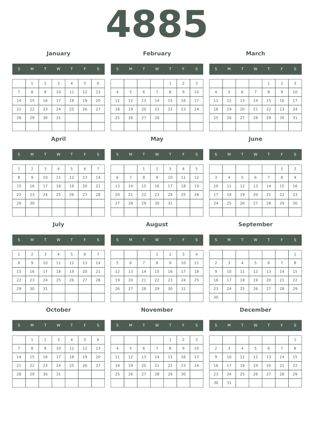 Printable 4885 Year Calendars feldgrau