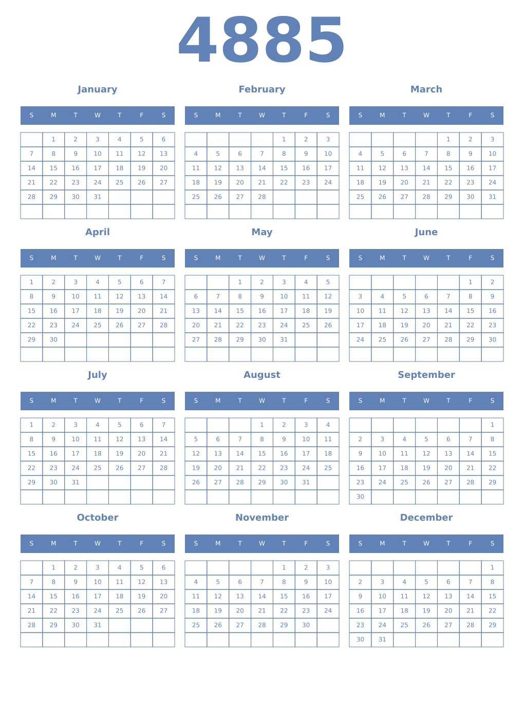 Printable 4885 Year Calendars glaucous