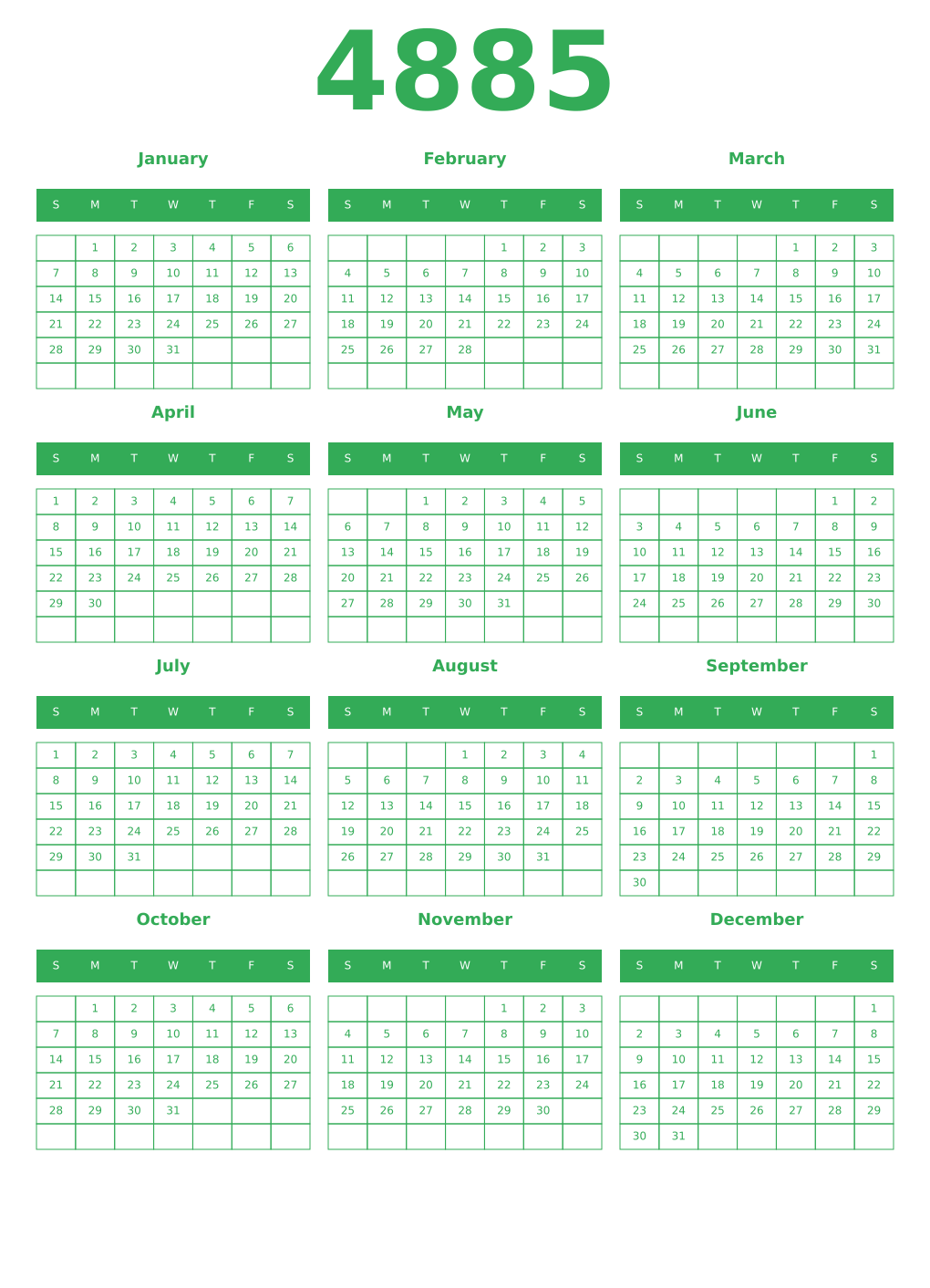 Printable 4885 Year Calendars green