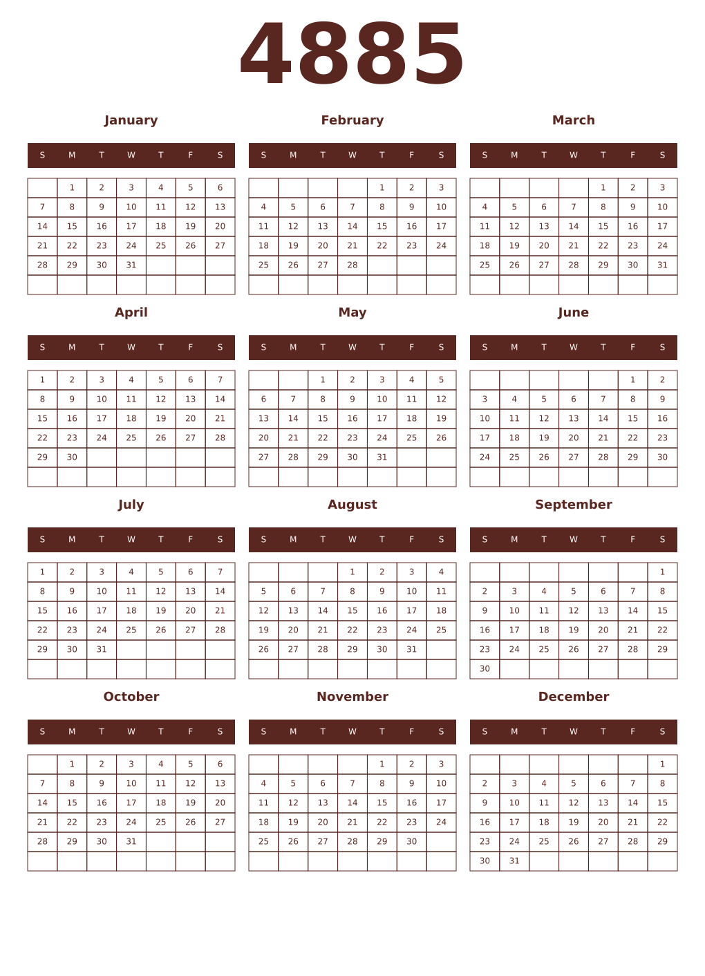 Printable 4885 Year Calendars mortuum