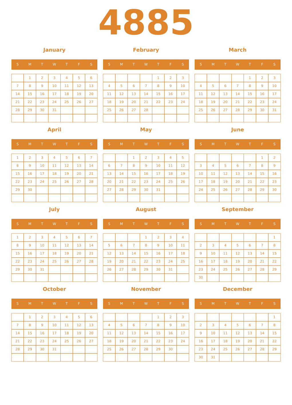 Printable 4885 Year Calendars orange