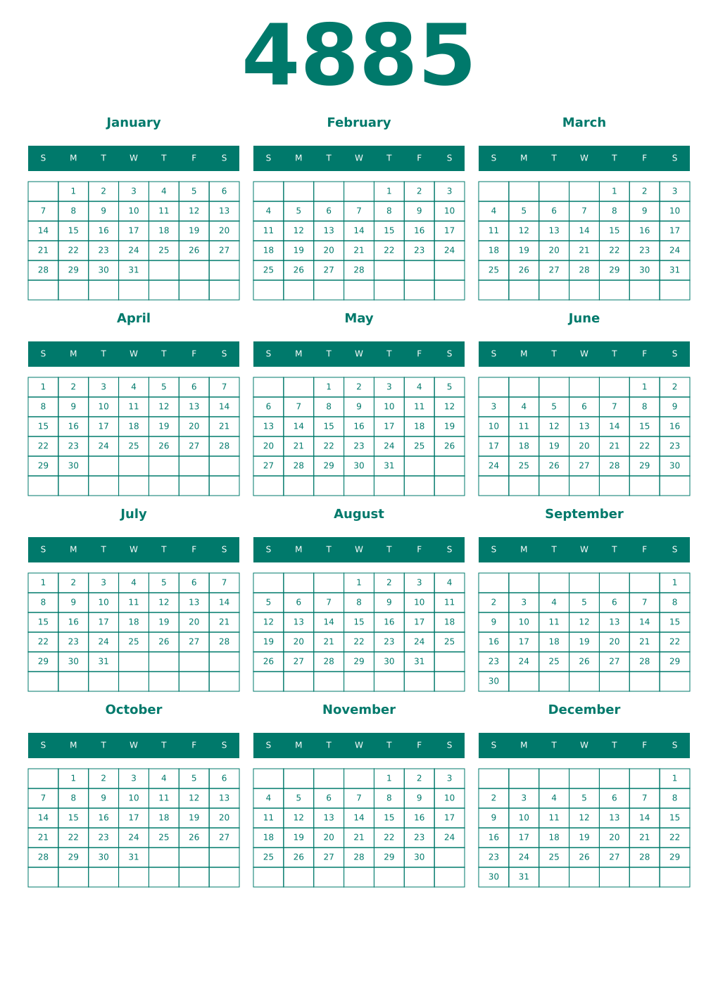 Printable 4885 Year Calendars pastel