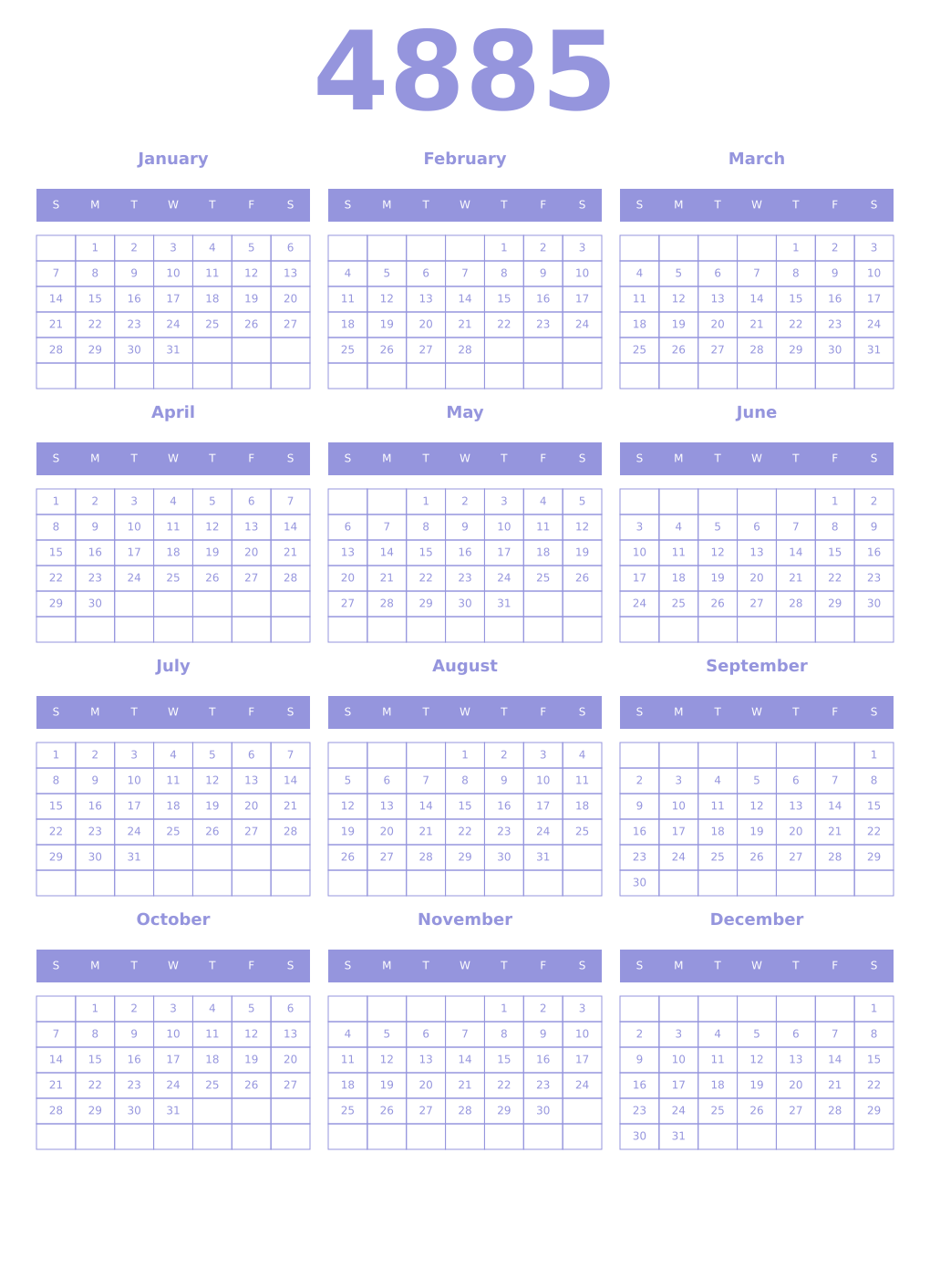 Printable 4885 Year Calendars periwinkle