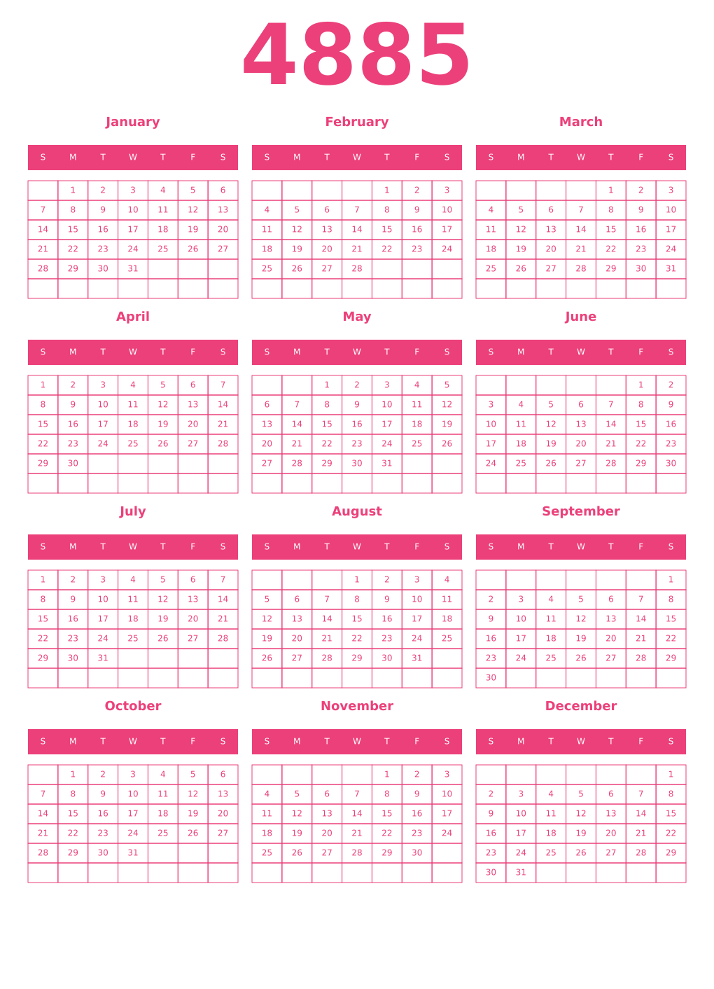 Printable 4885 Year Calendars pink