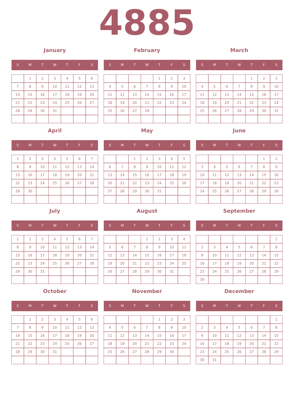 Printable 4885 Year Calendars puce