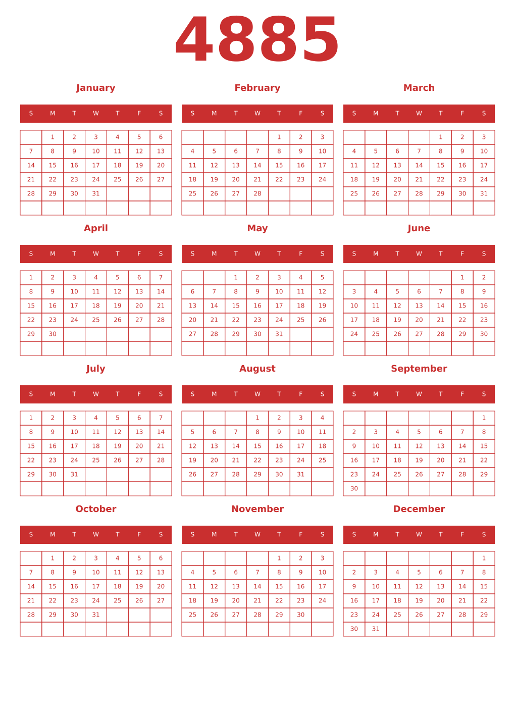 Printable 4885 Year Calendars red
