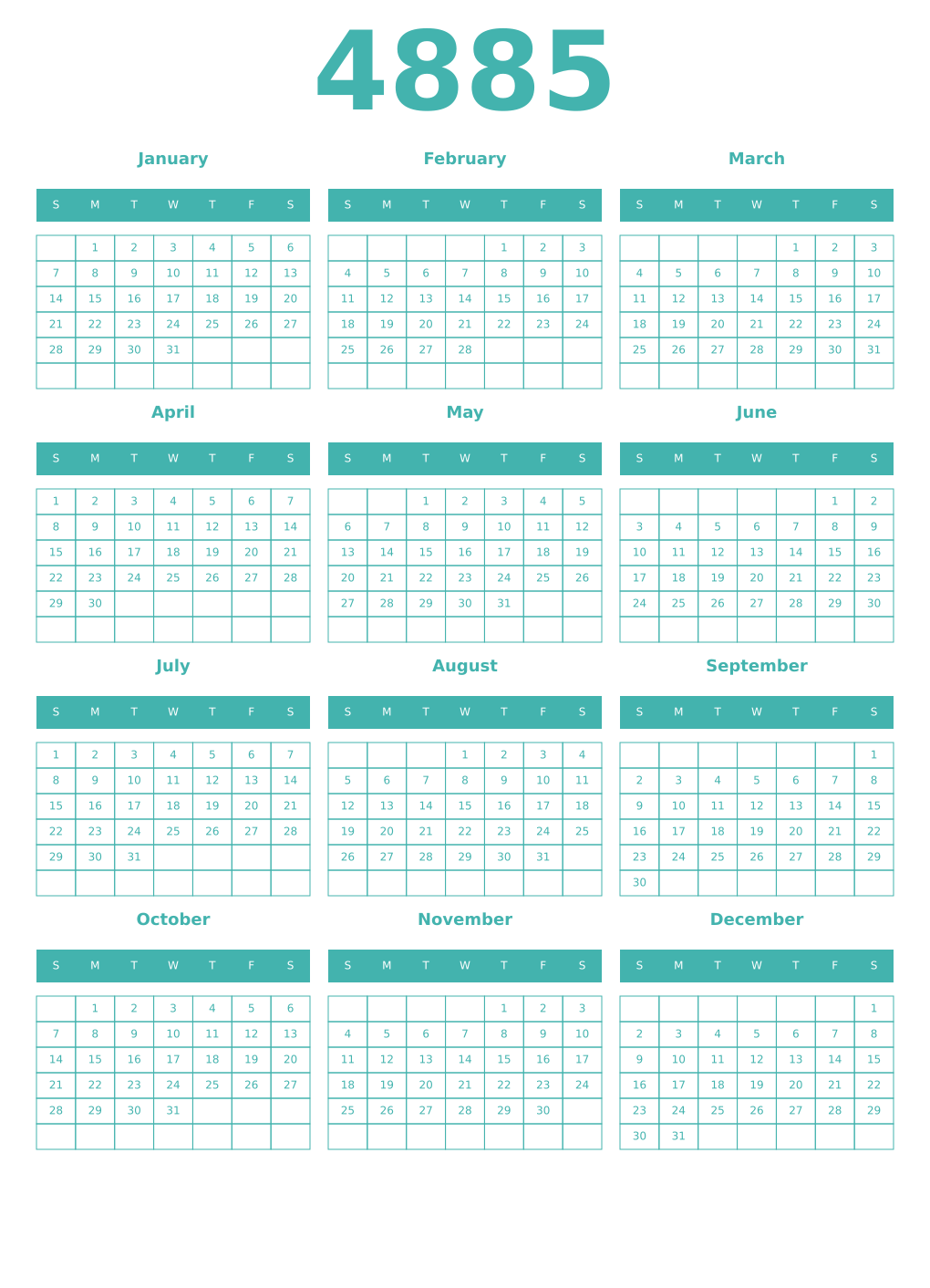 Printable 4885 Year Calendars verdigris