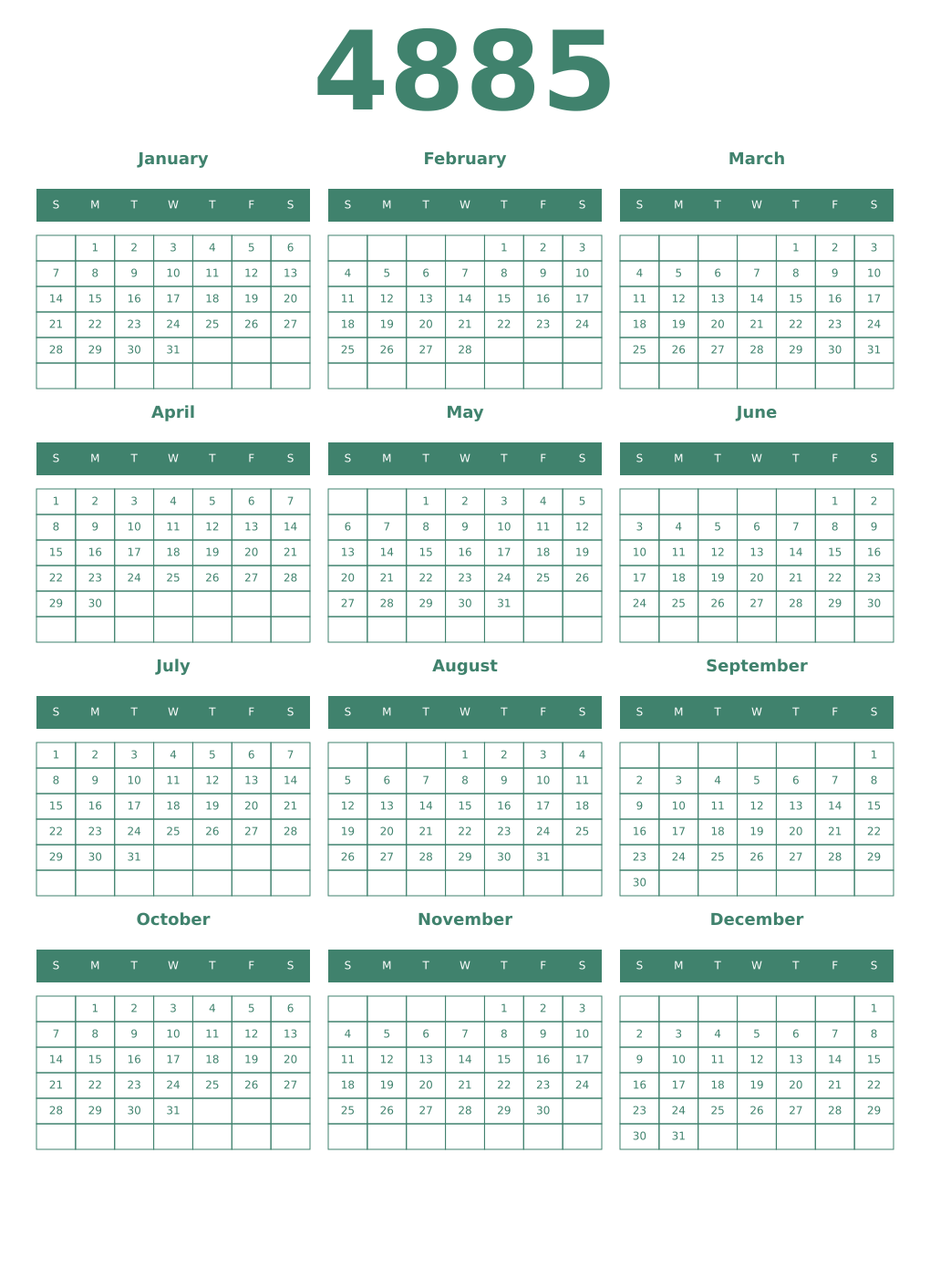 Printable 4885 Year Calendars viridian