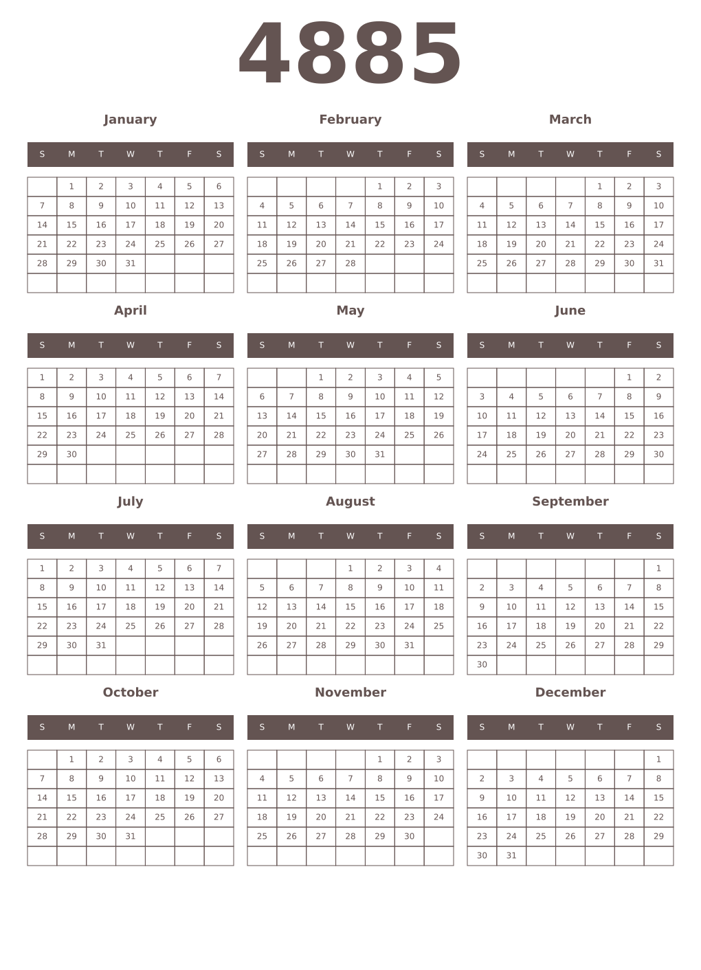 Printable 4885 Year Calendars wenge