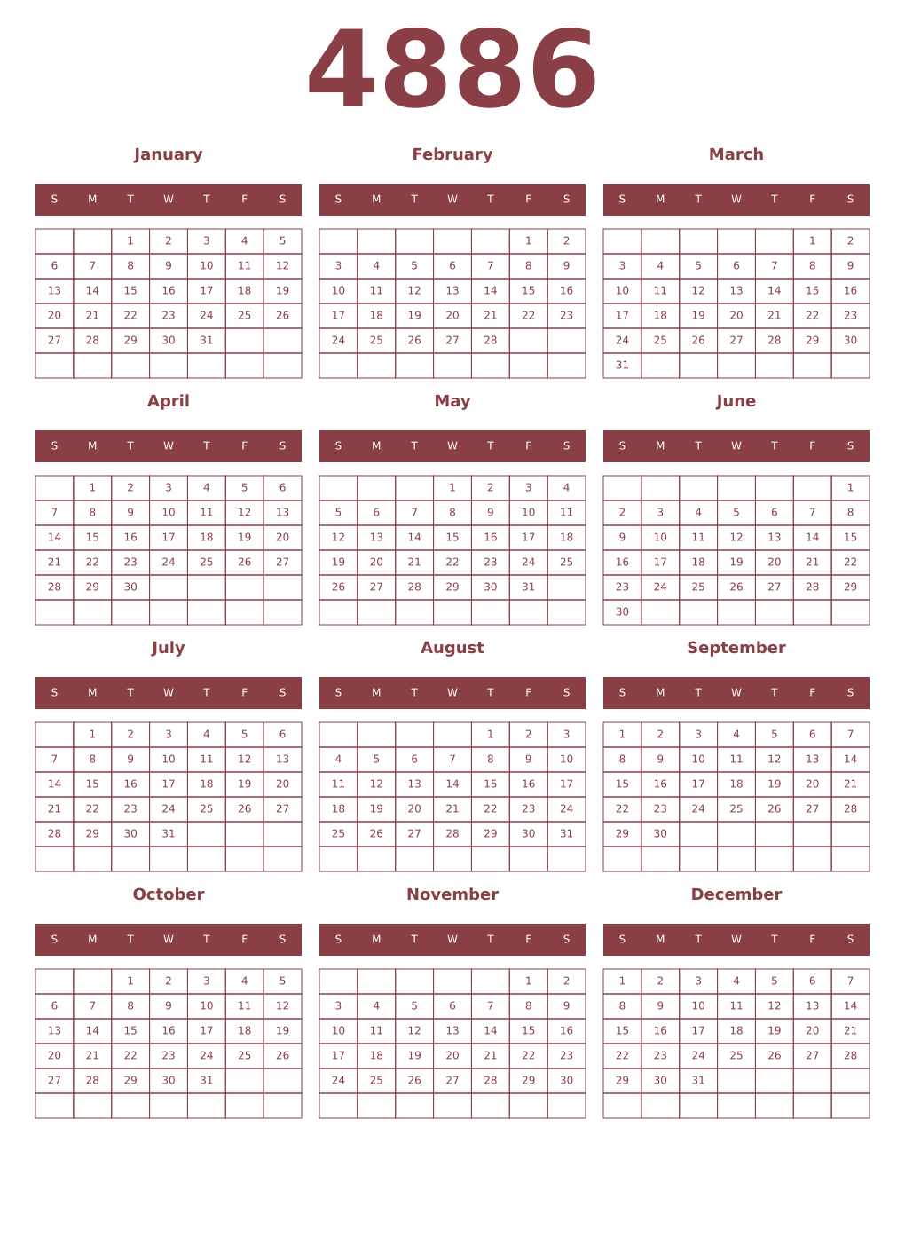 Printable 4886 Year Calendars cordovan