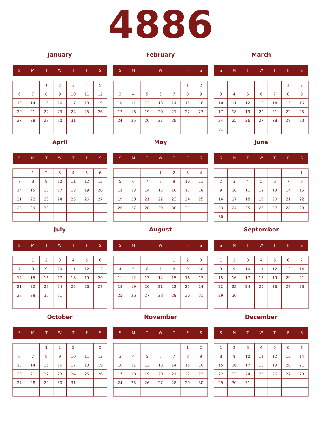 Printable 4886 Year Calendars falu