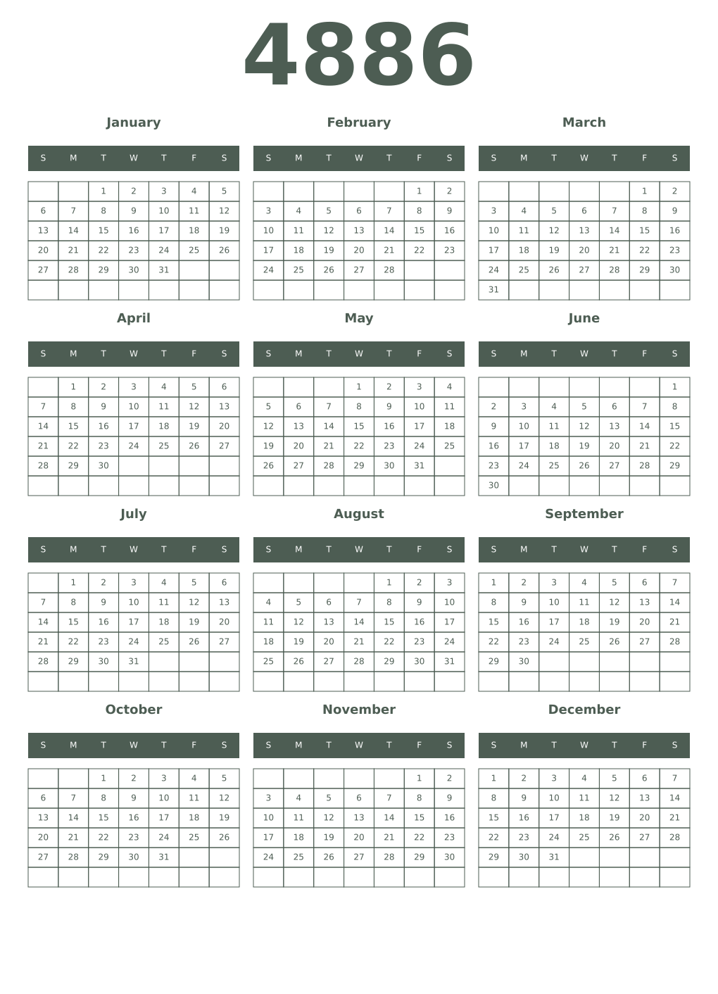 Printable 4886 Year Calendars feldgrau