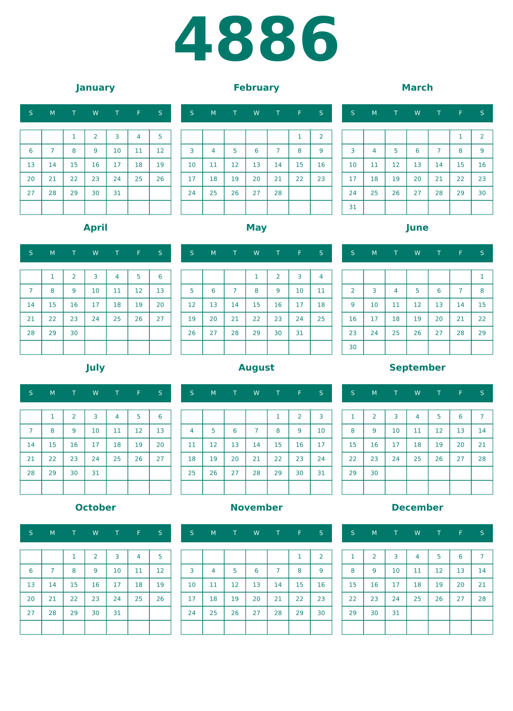 Printable 4886 Year Calendars pastel