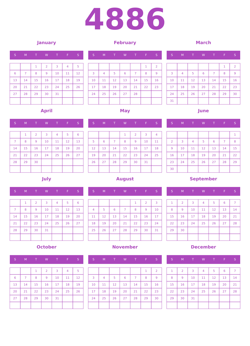 Printable 4886 Year Calendars purple