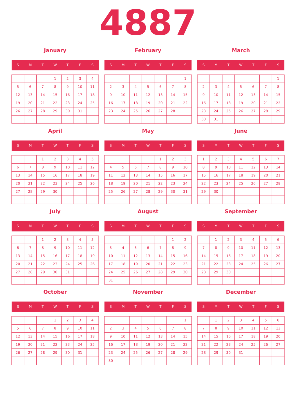 Printable 4887 Year Calendars amaranth
