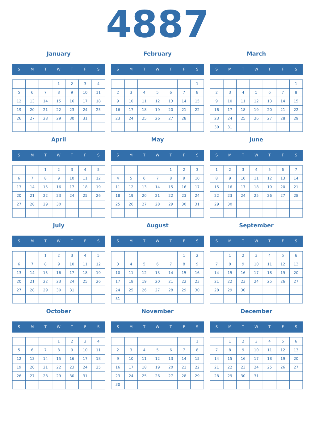 Printable 4887 Year Calendars blue