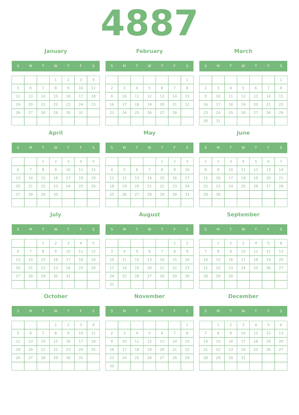 Printable 4887 Year Calendars celadon